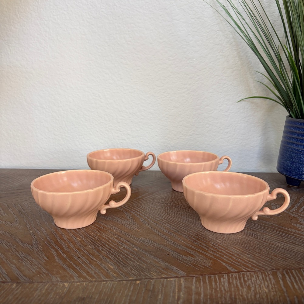 Vintage Blush Pink Swirl Ceramic Tea Cups Set of 4 USA Made Scroll Handle Retro